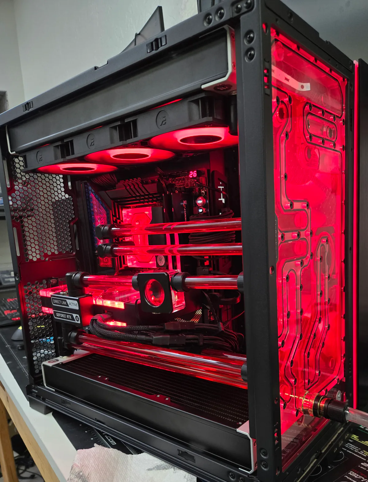 Red EKWB hard-line custom water-cooled gaming PC