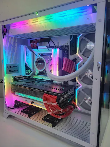 White Lian Li custom desktop PC with RGB components and clean cable routing