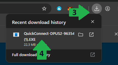 Chrome download arrow and QuickConnect file marked as steps 3 and 4