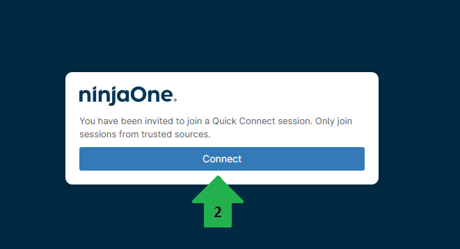 NinjaOne page with the Connect button marked as step 2